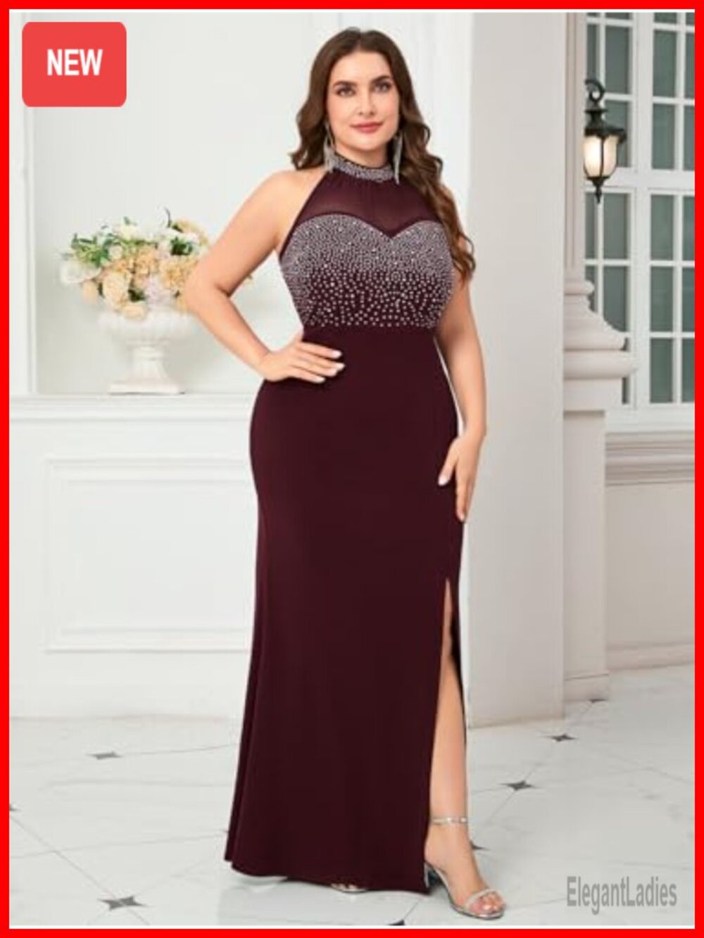 Plus Size Sexy Evening Gown Sparkly Rhinestone Bodice Halter Neck Maxi Dress - Picture 3 of 6